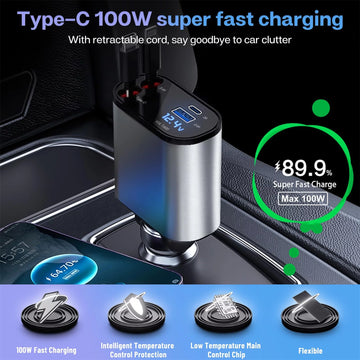 Ultimate 4-in-1 Fast Car Charger: 100W Power with iPhone & Type C Cables, Dual USB Ports