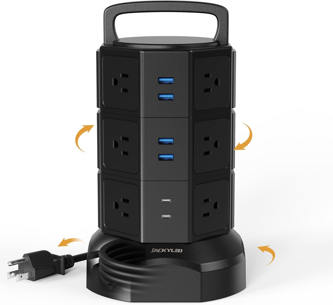 Power Strip Tower Surge Protector - 12 Outlets & 6 USB Ports, 1625W 13A Charging Station with 6.5Ft Heavy Duty Extension Cord for Home, Office & Dorm - Black